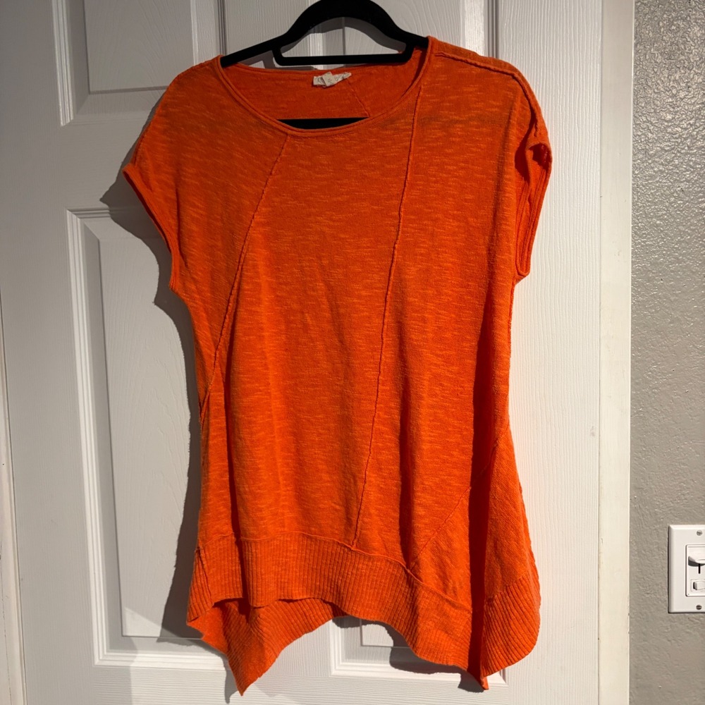 Eileen Fisher Orange Organic Linen Cotton Asymmetrical Hem Sweater Top Small